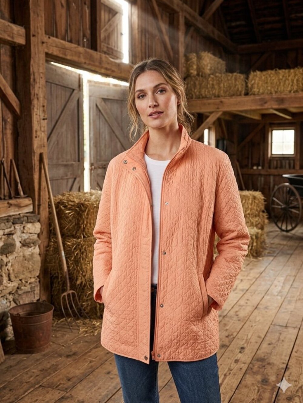 Talbots Women's Size Petite X-Large Peach Quilted Full Zip High Neck Barn Jacket